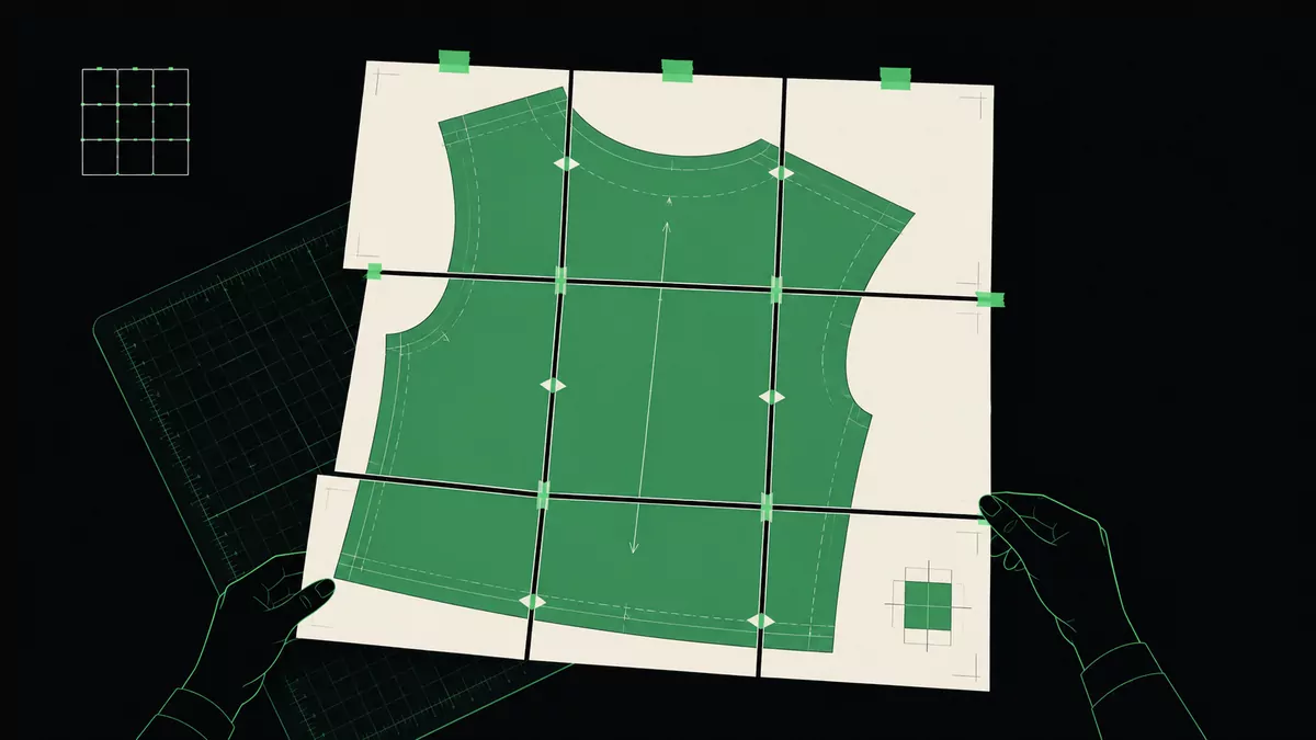 A sewing pattern with a calibration test square being tiled across letter-size pages and taped together